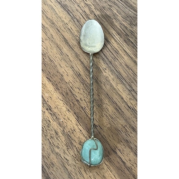 Handmade Snuff / Baby Spoon With Amazon Jade Accent Stone Handle Vintage Boho - Picture 1 of 9